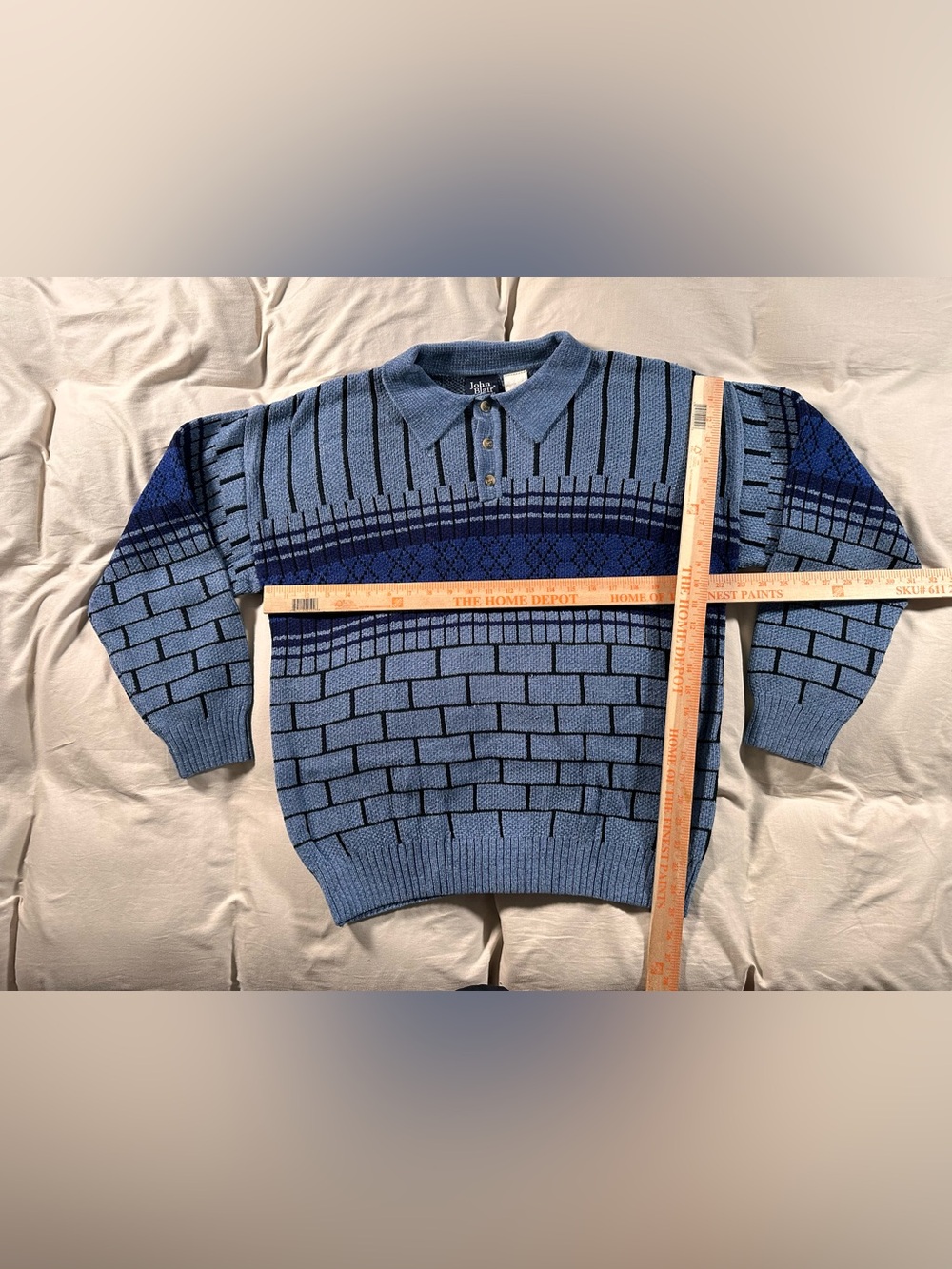 Vintage Rugby Polo Boxy Sweater Large Geometric 3D Knit 1990s Navy Retro Y2K - Picture 2 of 14